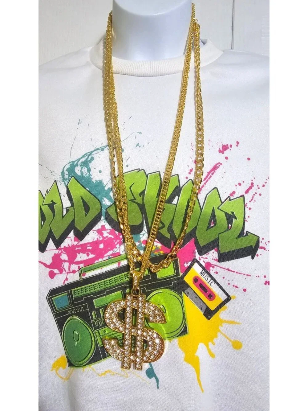 90s Hip Hop Costume Kids 10-12 Fresh Fly Old Skool Gold Chain Glasses Hat Set